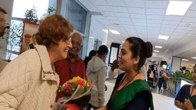 A German woman who visited Sri Lanka 122 times was given a grand welcome at Katunayake Airport.