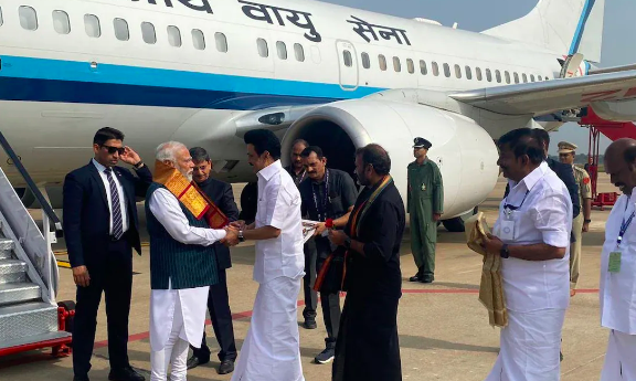 Chief Minister M.K.Stalin personally welcomed Prime Minister Modi on his arrival in Trichy